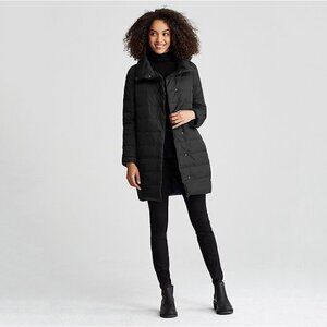 Eileen Fisher Nylon Stand Collar Cocoon Down Coat in Black - sz XL